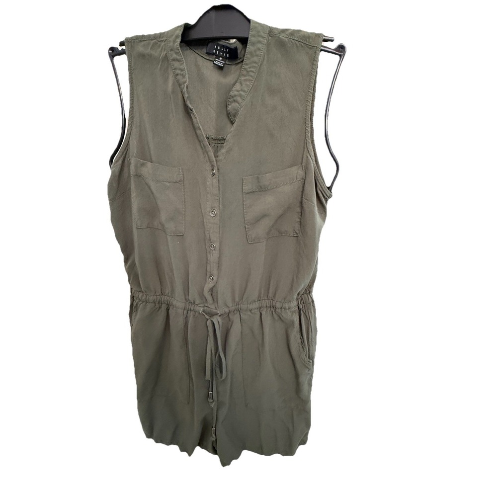 Kelly Renee Green Sleeveless Button Front V-Neck Romper Pockets Size M